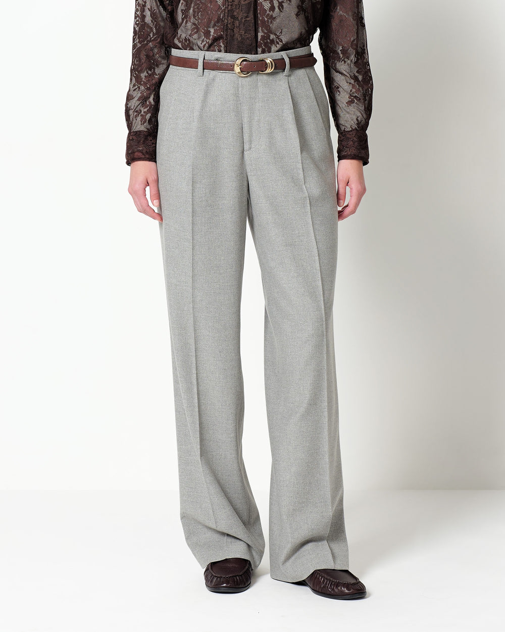 stretch wool blend twill double pleated trousers