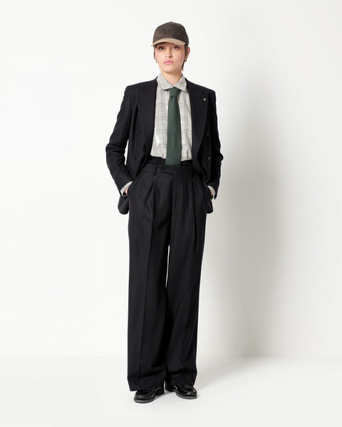 stretch wool blend twill double pleated trousers