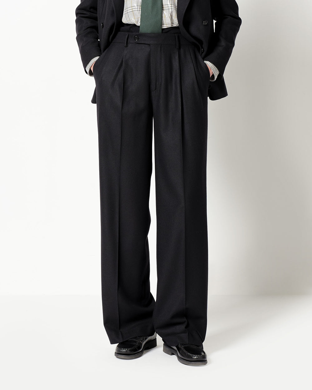 stretch wool blend twill double pleated trousers