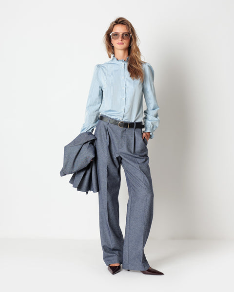 blue denim effect double pleated trousers