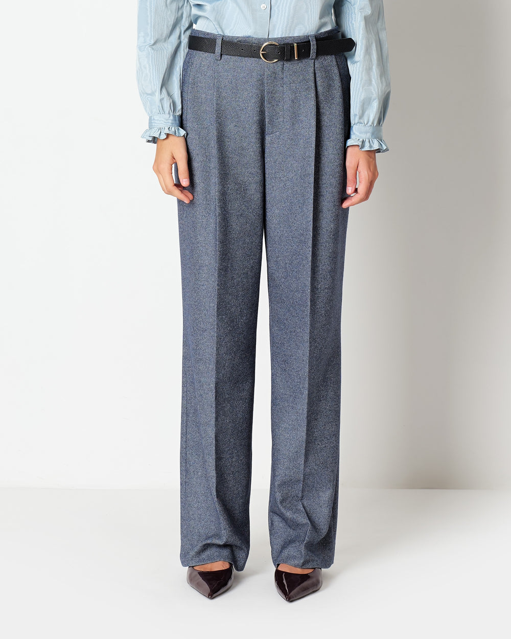 blue denim effect double pleated trousers