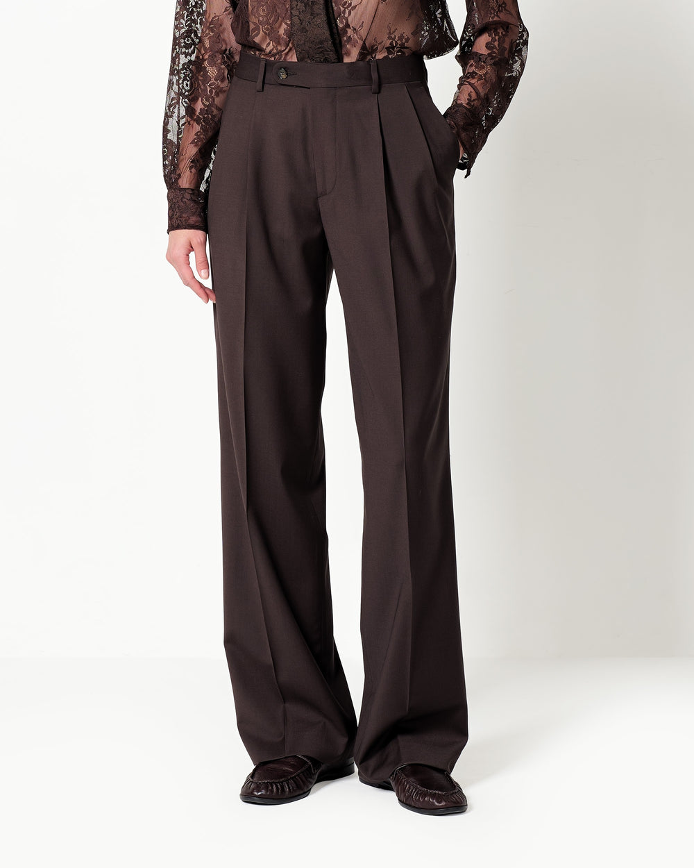 stretch wool double pleated trousers