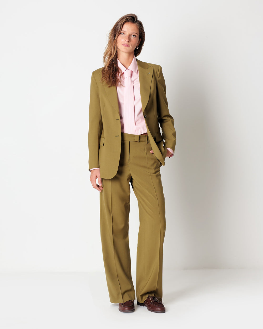green stretch wool straight trousers