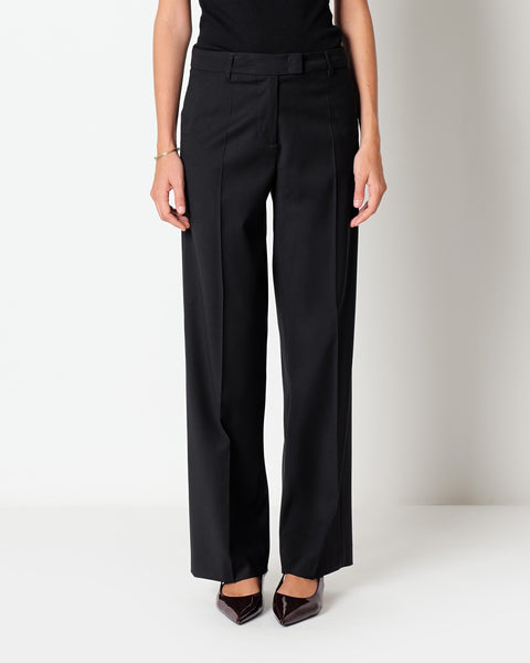 black stretch wool straight trousers