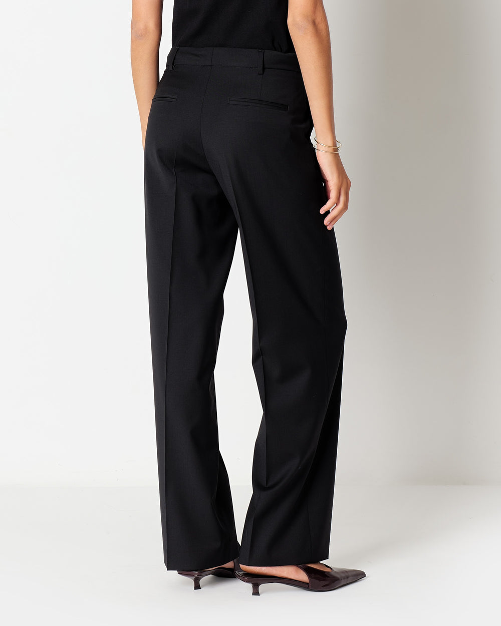 black stretch wool straight trousers