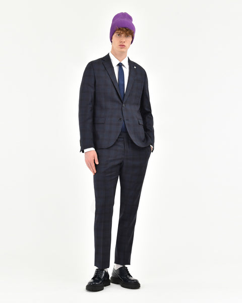 blue stretch wool slim check suit