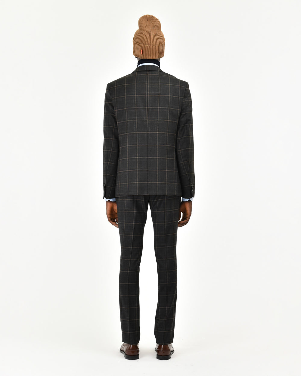 black slim check suit in stretch wool