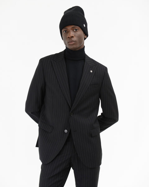 black stretch wool regimental slim suit