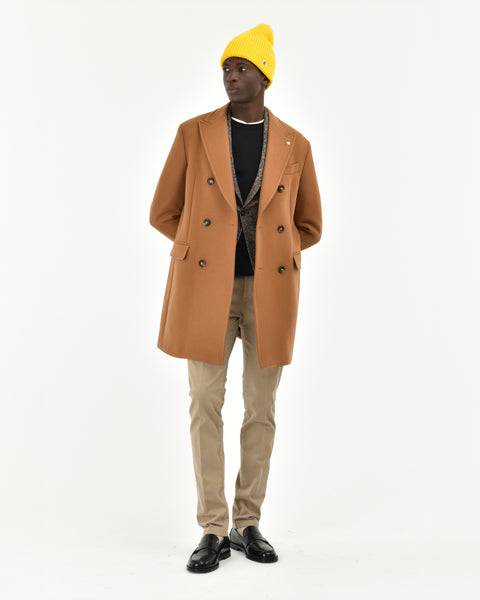 beige double-breasted wool-blend diagonal cloth coat