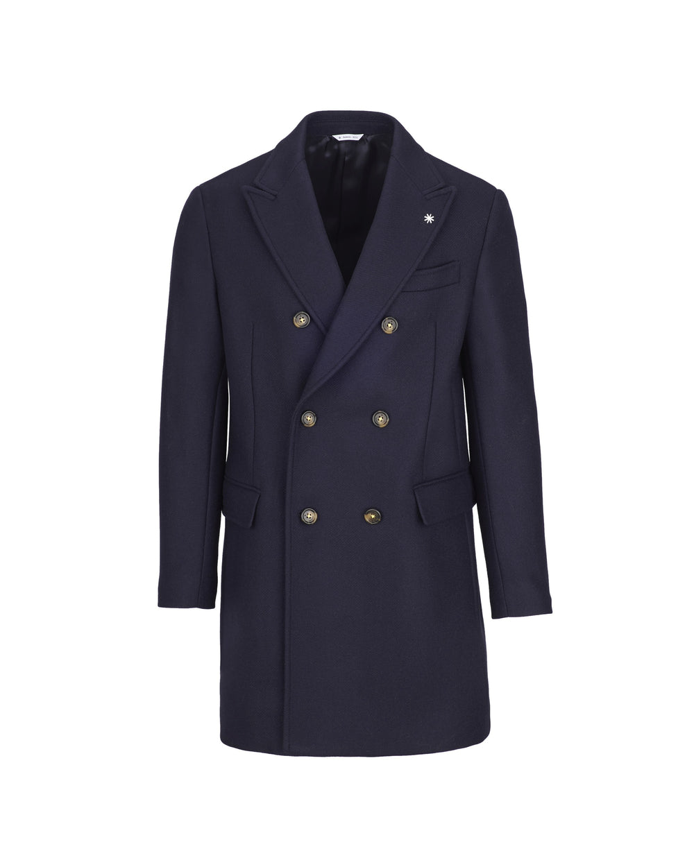 blue double-breasted wool-blend diagonal cloth coat