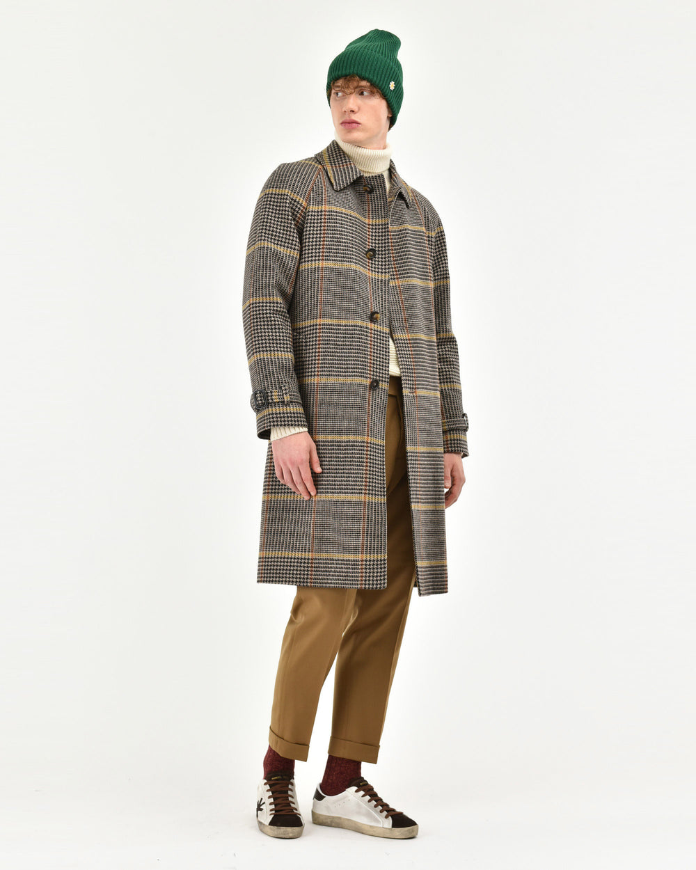 brown overcheck wool blend coat