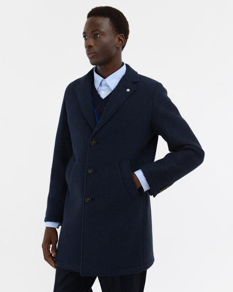 blue wool blend slim jersey coat