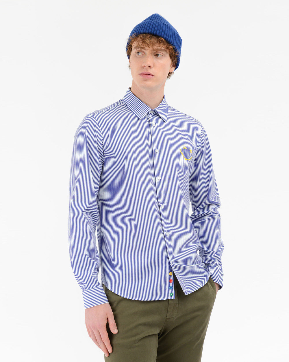 blue washed striped shirt "don`t forget to smile"