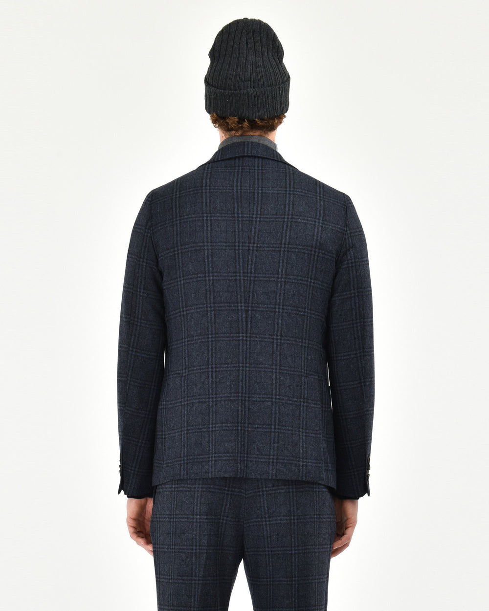 blue slim overcheck blazer in wool blend