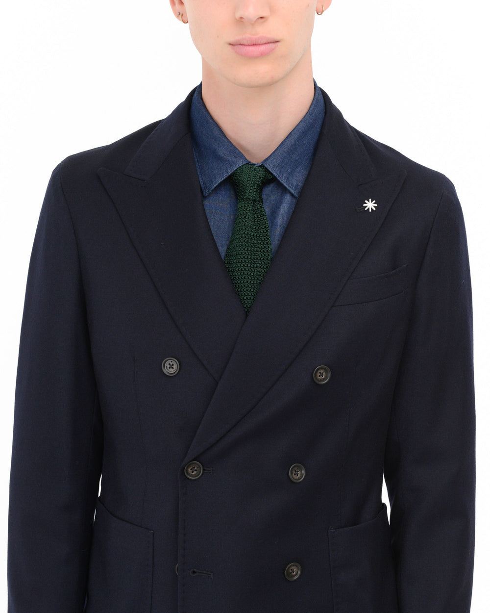 blue stretch wool flannel double breasted blazer
