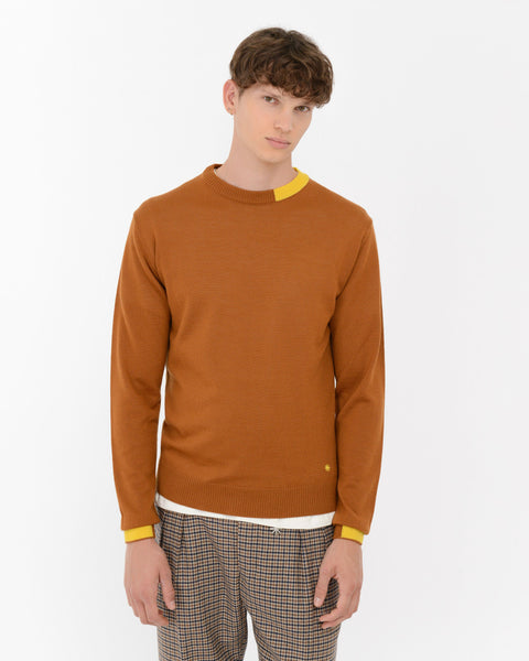 beige wool blend slim crew neck sweater