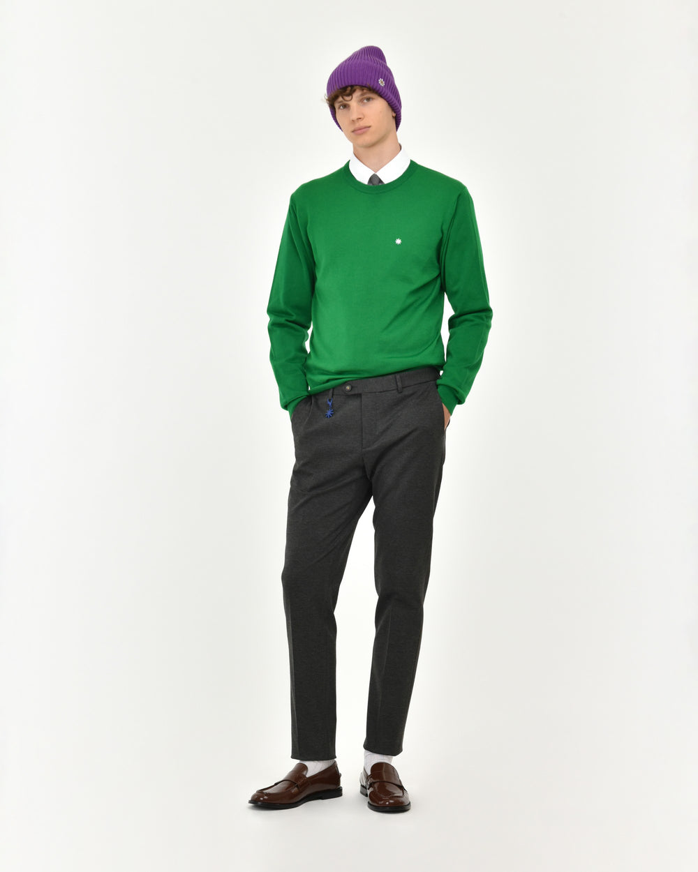 green slim crewneck sweater pure wool