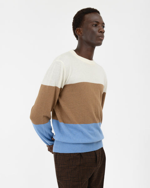 sky blue color block wool cashmere blend crewneck sweater