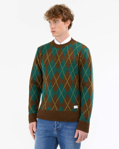 green alpaca wool blend rhombus inlay crewneck sweater
