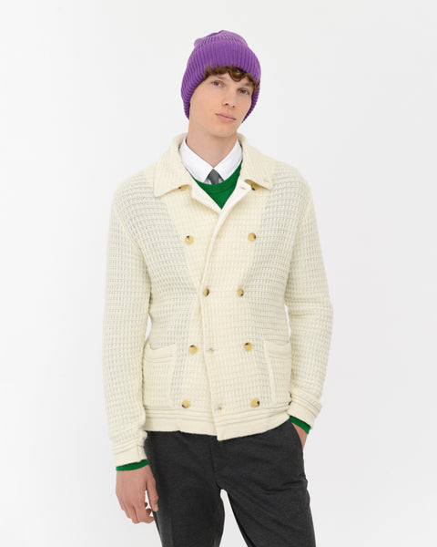 white double-breasted wool blend knit overshirt