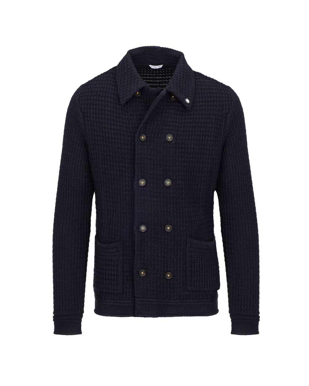 blue double-breasted wool blend knit overshirt