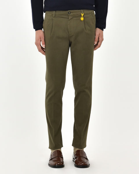 green stretch cotton garment dyed pinces pants slim fit
