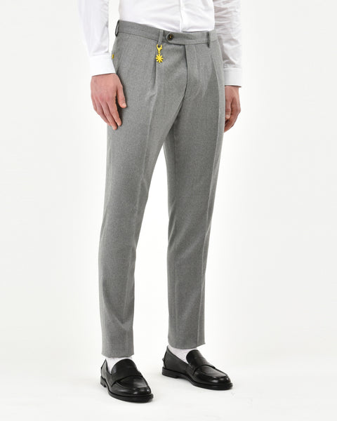 gray stretch wool flannel slim pleated pants
