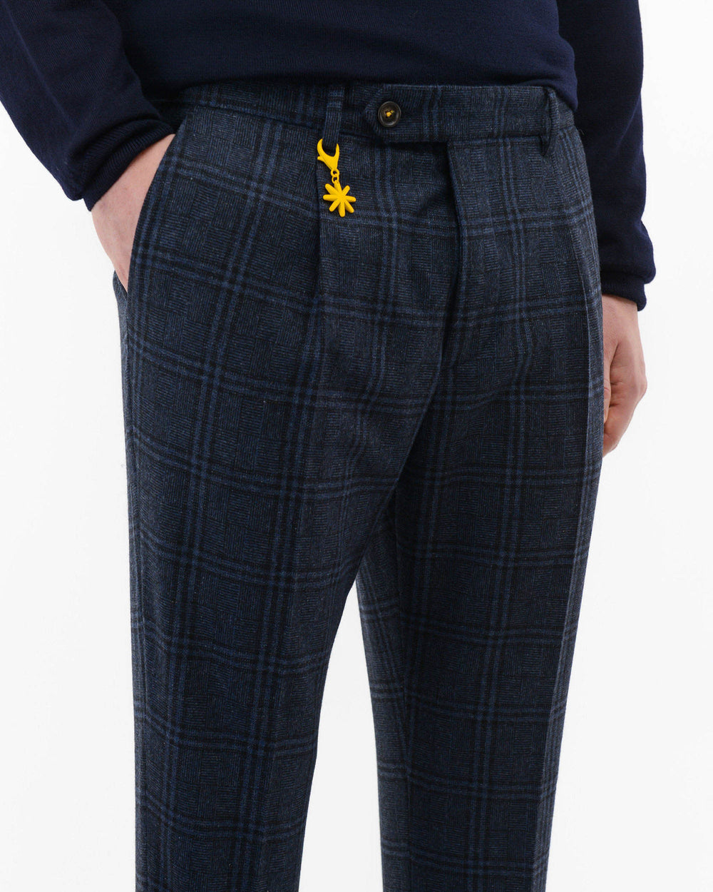 blue overcheck slim wool blend pleated pants