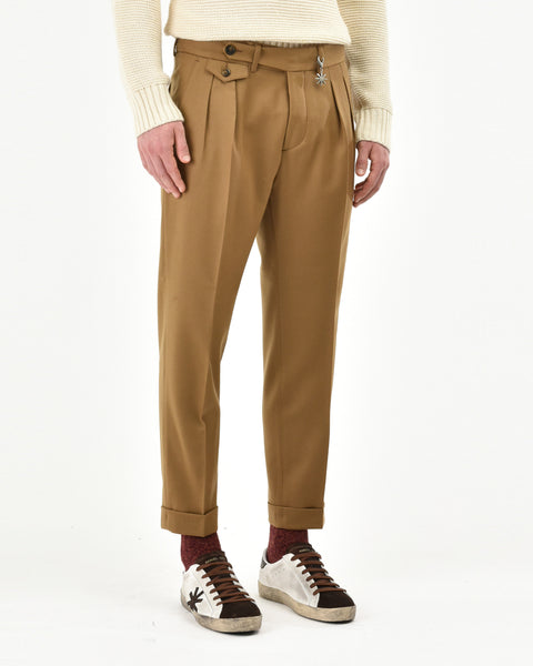 beige stretch wool flannel baggy double pleat pants