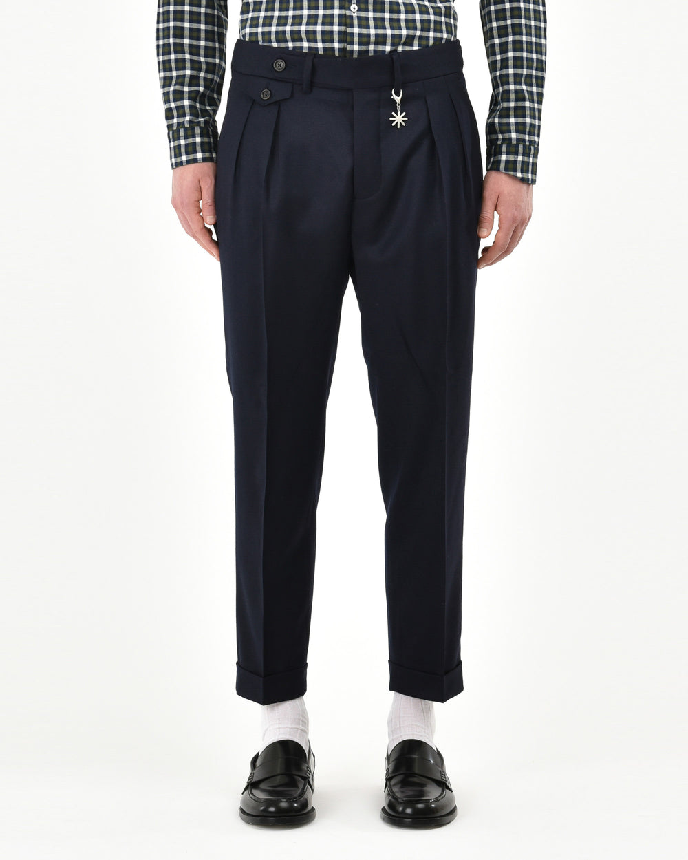 blue stretch wool flannel baggy double pleat pants