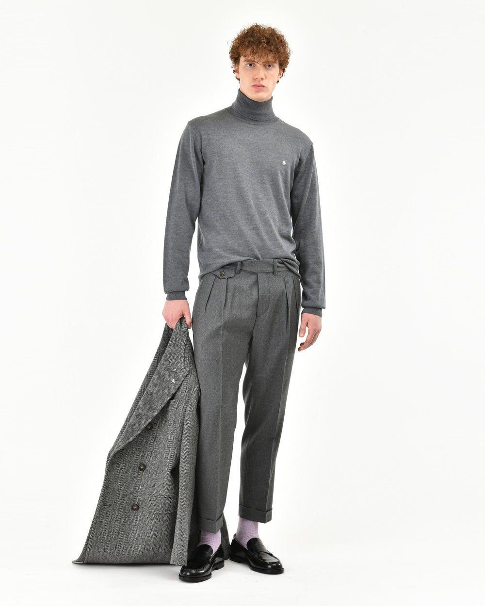 gray stretch wool flannel baggy double pleat pants