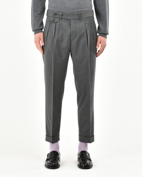 gray stretch wool flannel baggy double pleat pants