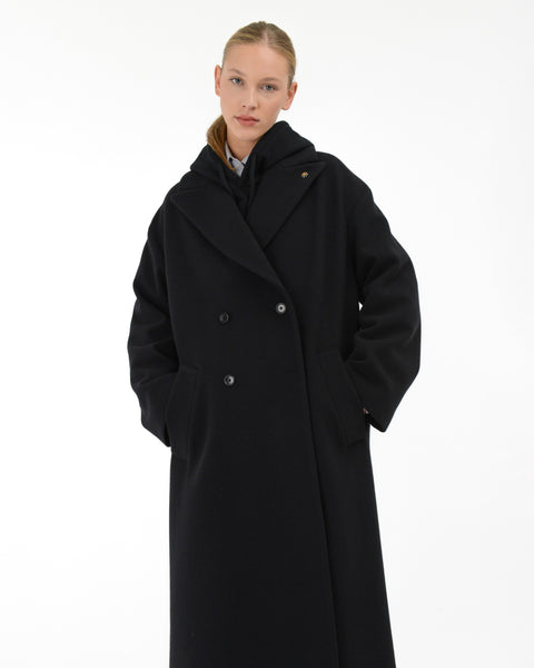 black double-breasted coat over diagonal cloth