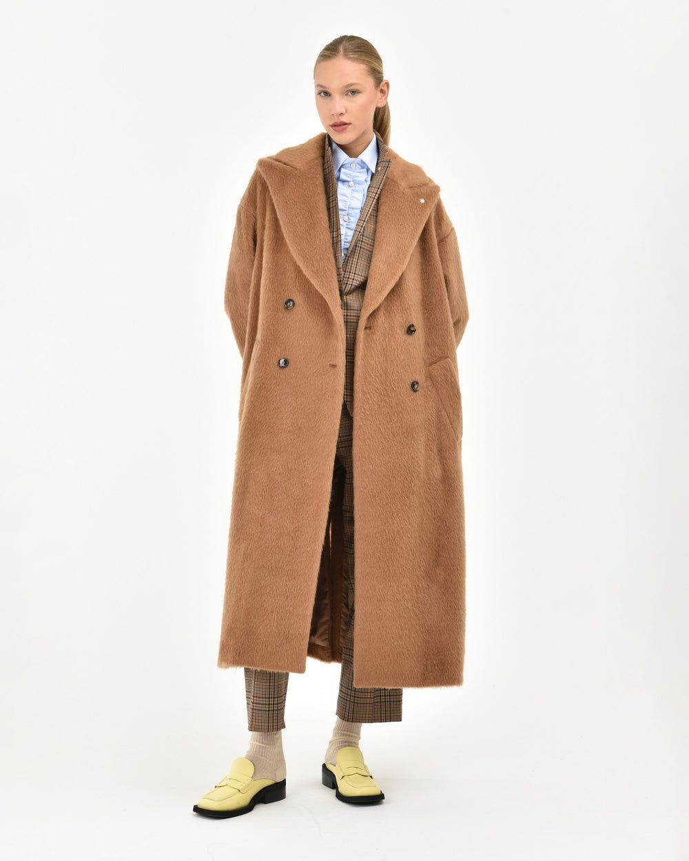 beige plush effect double-breasted cloth coat