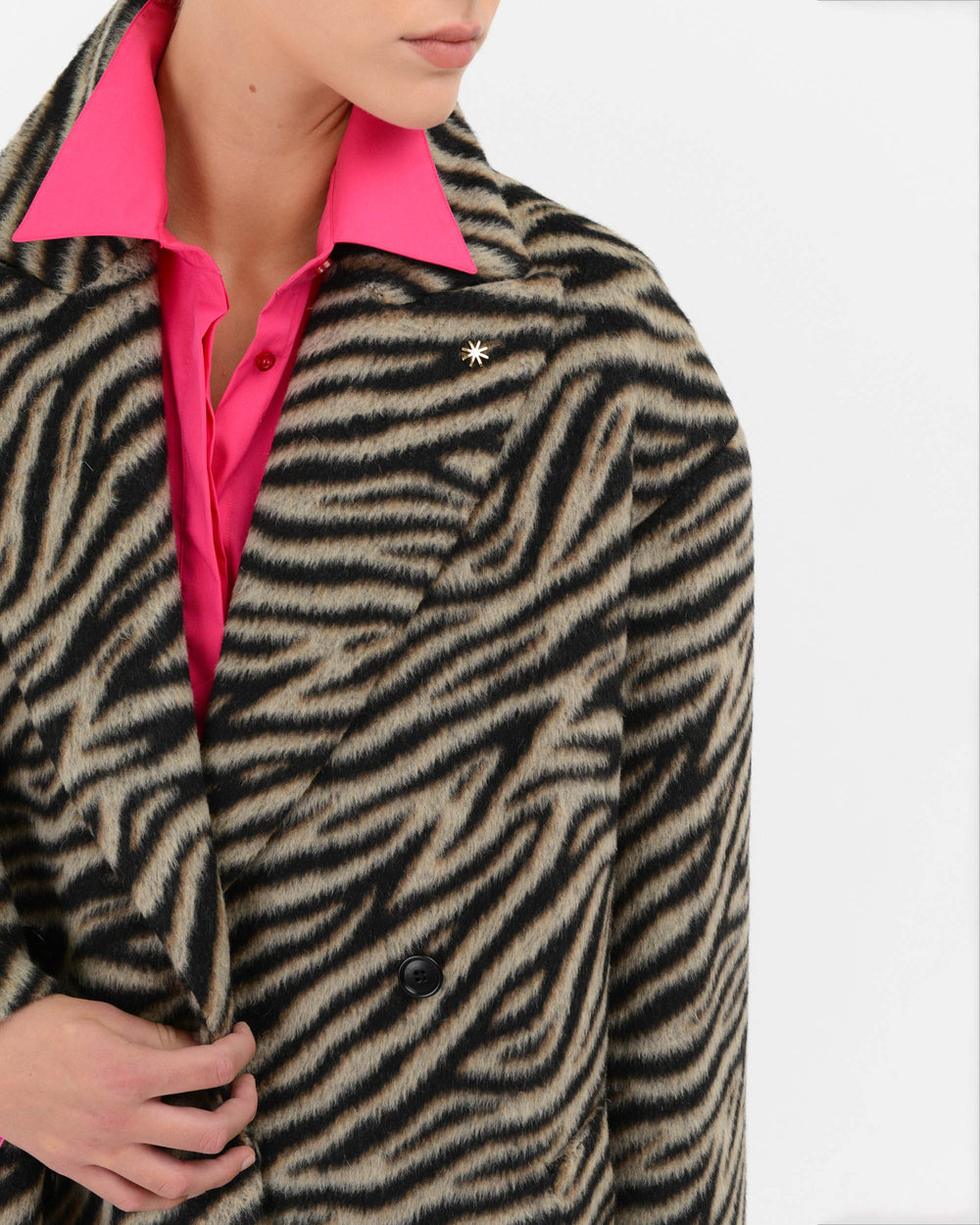 beige double breasted over zebra print wool blend coat