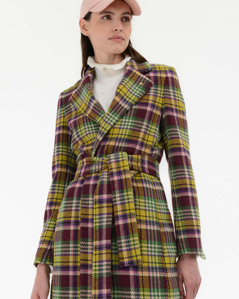 red multicolor wool blend check coat