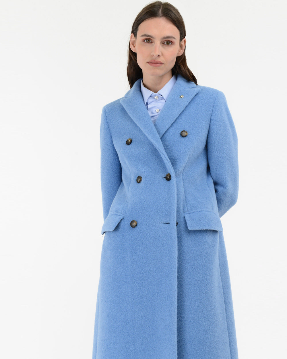 light blue double-breasted teddy coat