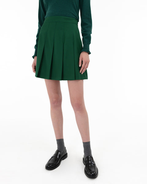 green stretch viscose blend pleated skirt