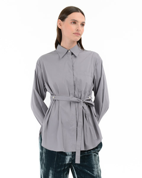 gray stretch cotton blend twill belt shirt