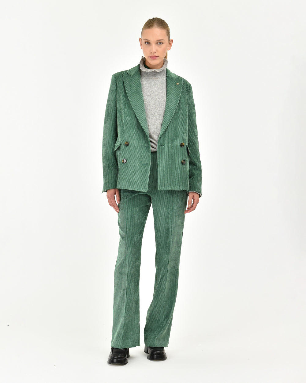 green poly stretch velvet double-breasted blazer