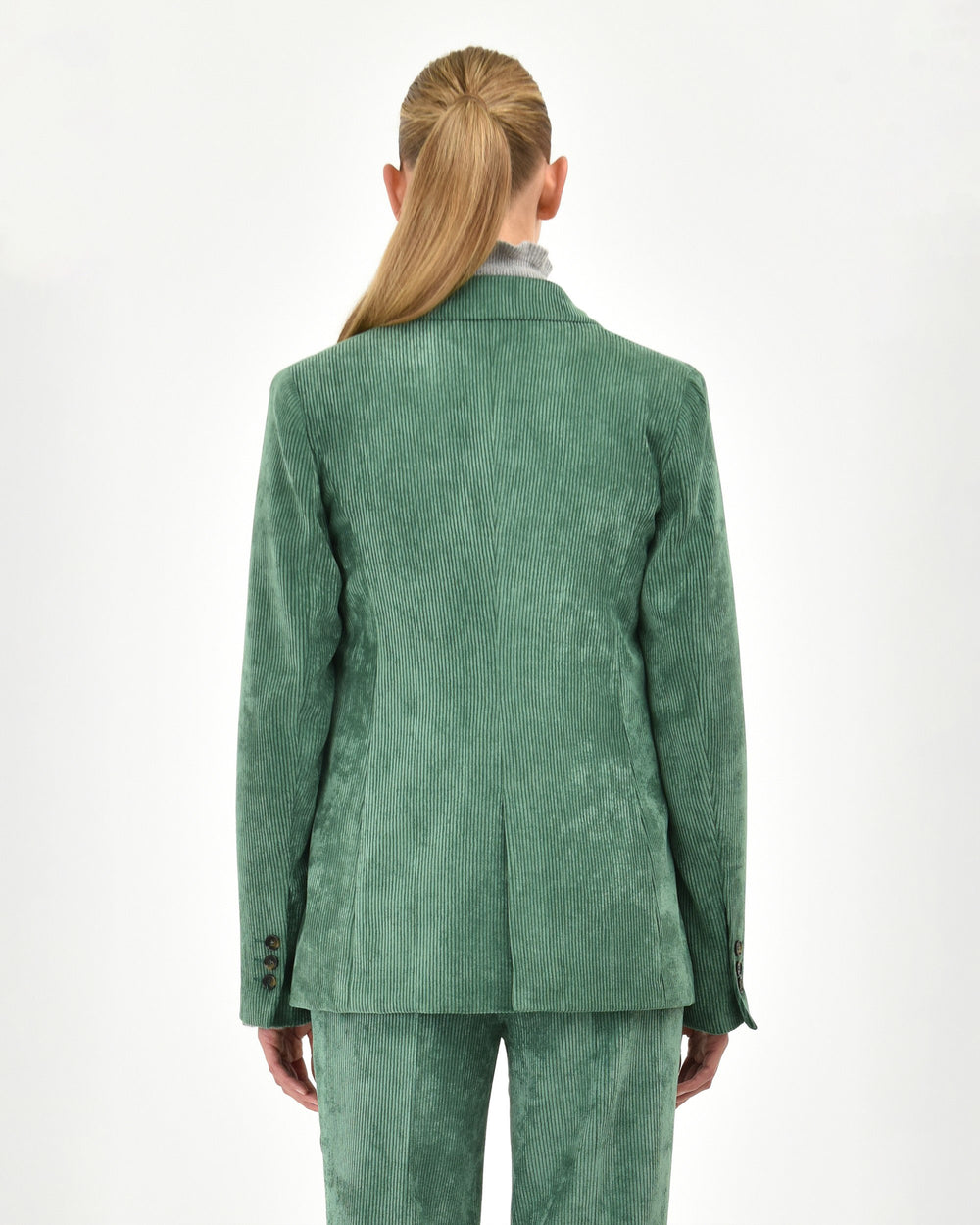 green poly stretch velvet double-breasted blazer
