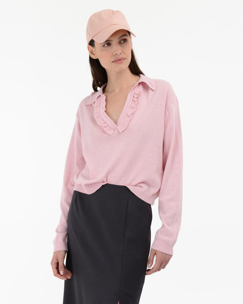 pink cashmere wool blend cropped ruffled polo shirt