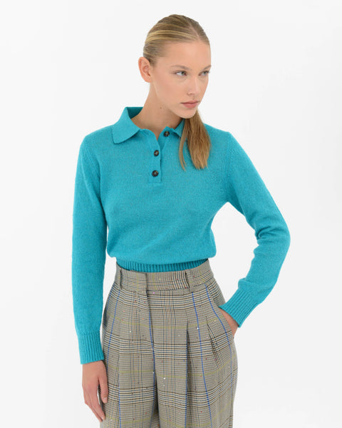 sky blue mohair wool blend long sleeve polo shirt