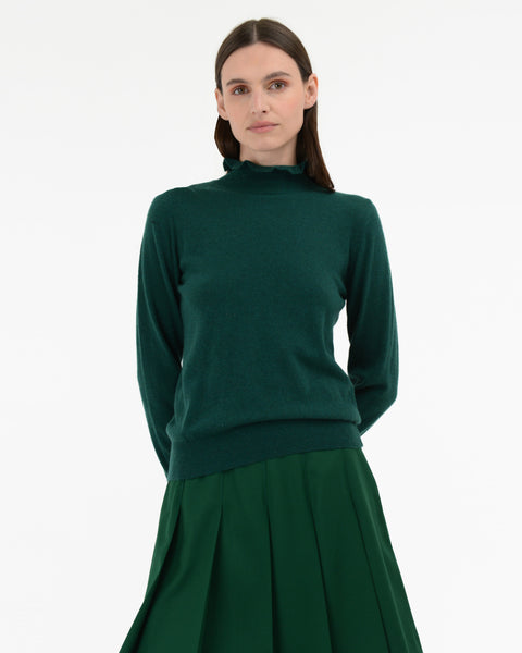 green cashmere wool blend ruffled turtleneck sweater