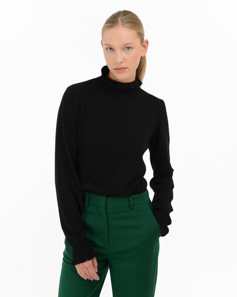 black cashmere wool blend ruffled turtleneck sweater