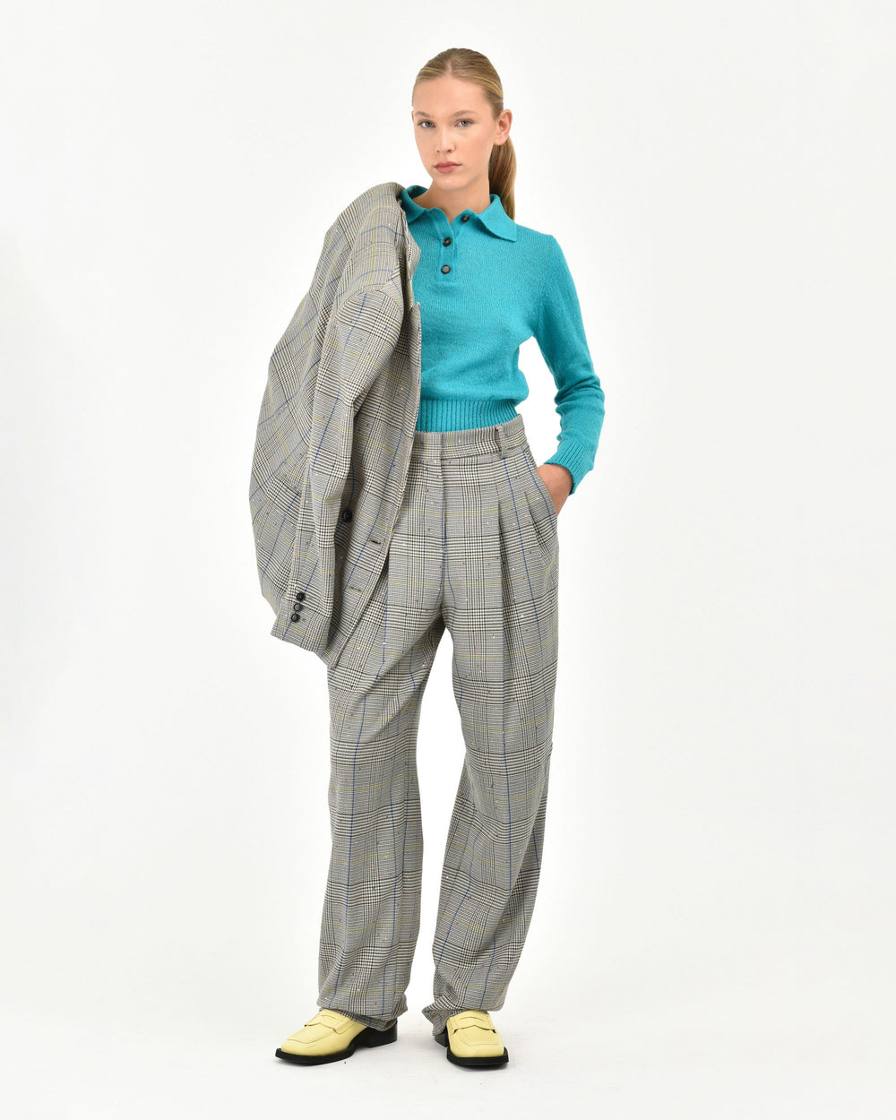 light blue pant with pleats galles sequin application