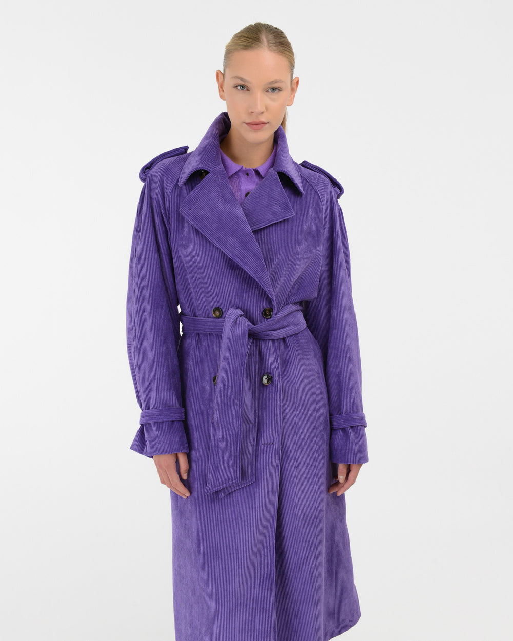 violet stretch velvet trench coat