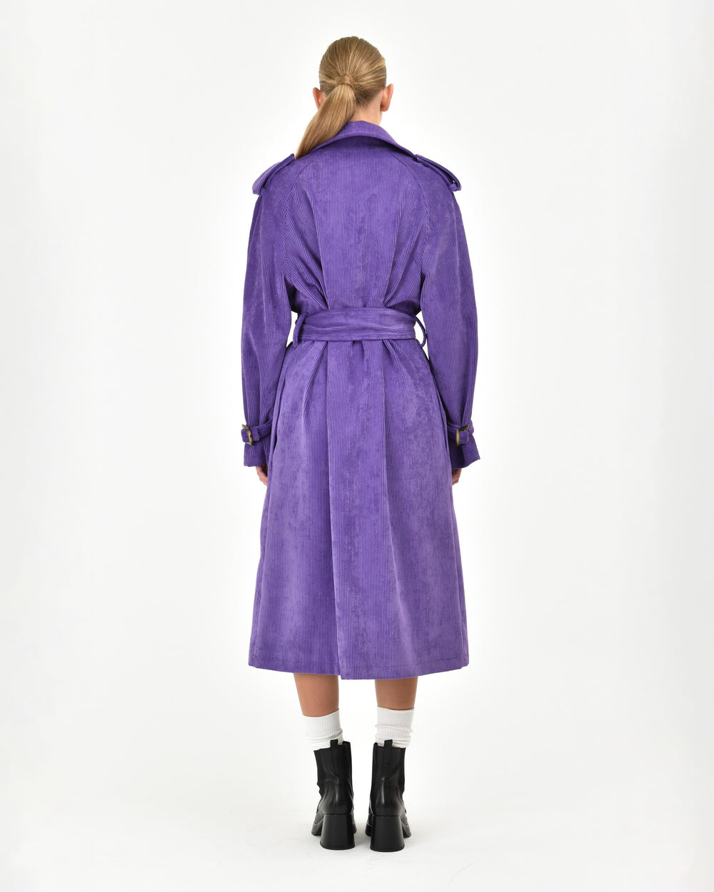 violet stretch velvet trench coat