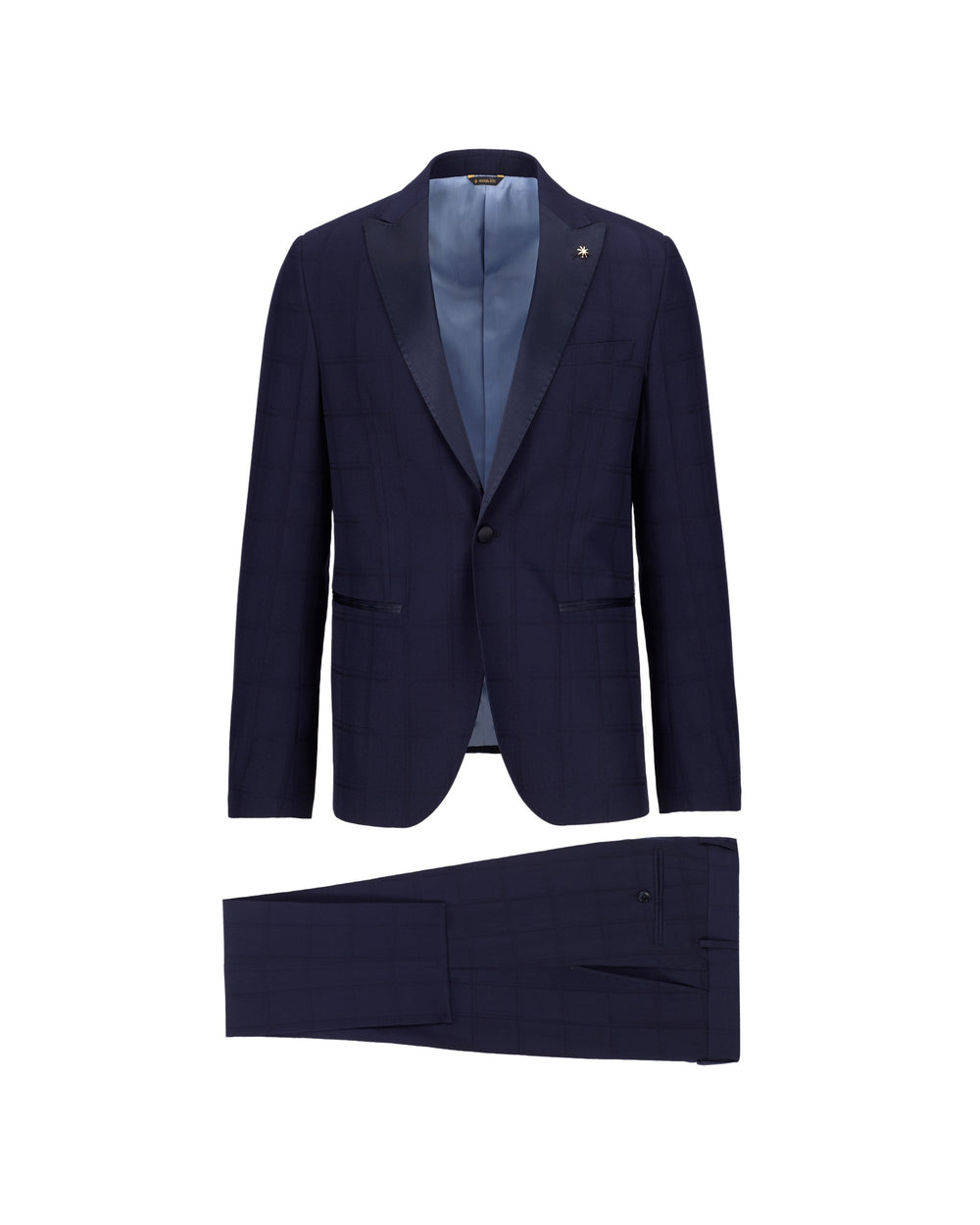 blue stretch viscose blend overcheck lapel suit