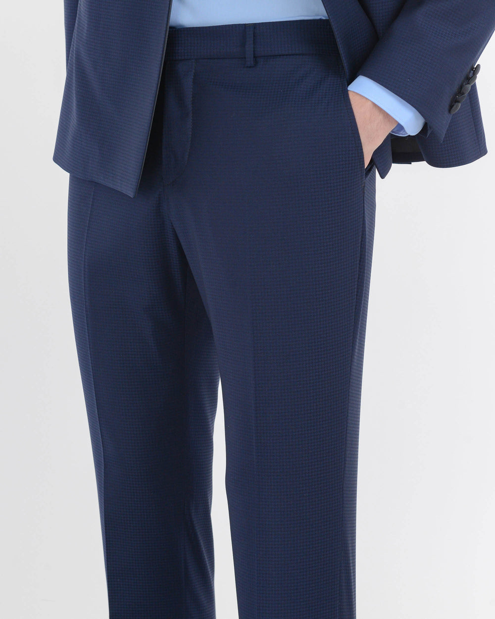 blue double-breasted houndstooth stretch viscose blend suit